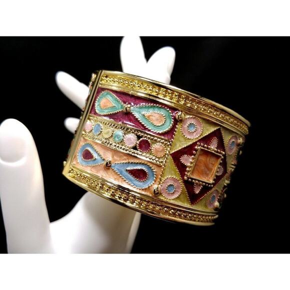 Wide Bangle Bracelet, Hinged Closure, Peach Pink Turquoise Enamel, 7 3/4 Inches - Picture 3 of 12
